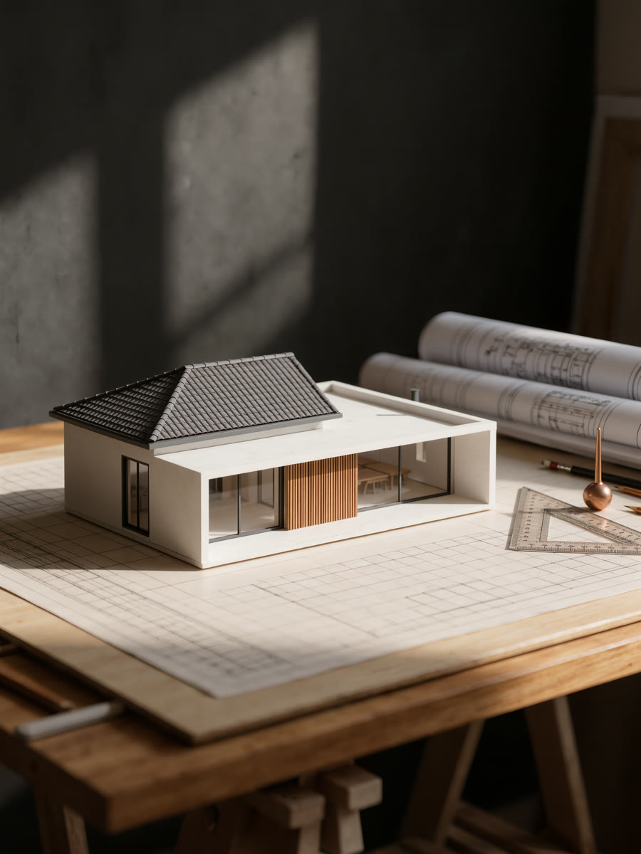Maquete branca de uma casa térrea sobre a mesa de projeto, ao lado de pranchas enroladas e uma régua de escala.
