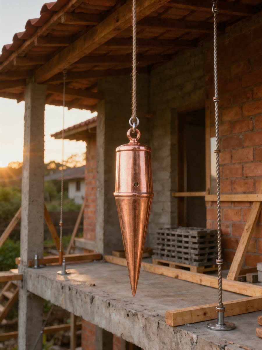 Peso de cobre pendurado num fio esticado, usado para conferir se a parede está reta, com a estrutura de concreto de uma casa em obra ao fundo.